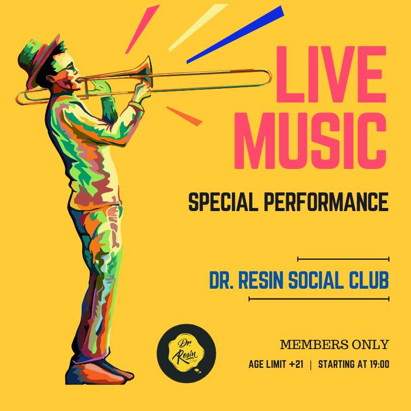 Poster di una performance live di trombone al Dr Resin Social Club